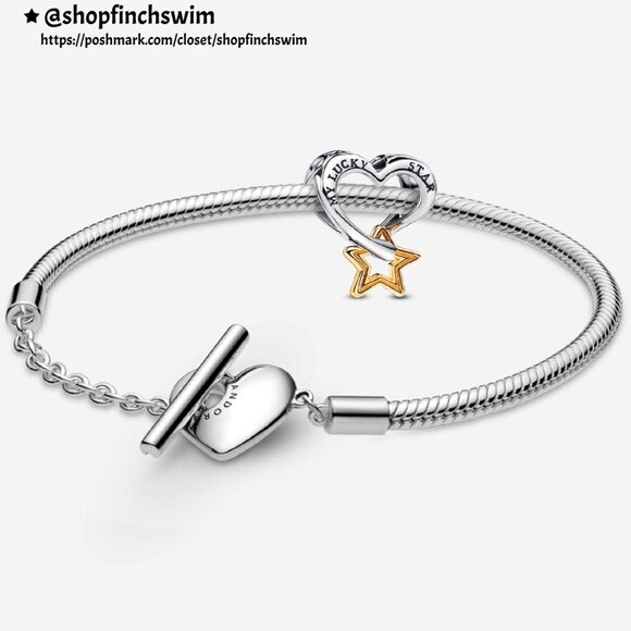Pandora Lucky Star & Heart T-Bar Snake Chain Bracelet Set - Picture 2 of 4